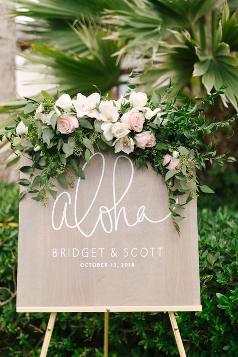 I Calligraphy, Hawaiian Backdrop, Hawaiian Wedding Themes, White Orchids Wedding, White Orchid Wedding, Aloha Sign, Tropical Bridal Bouquet, Maui Beach Wedding, Tropical Bridal