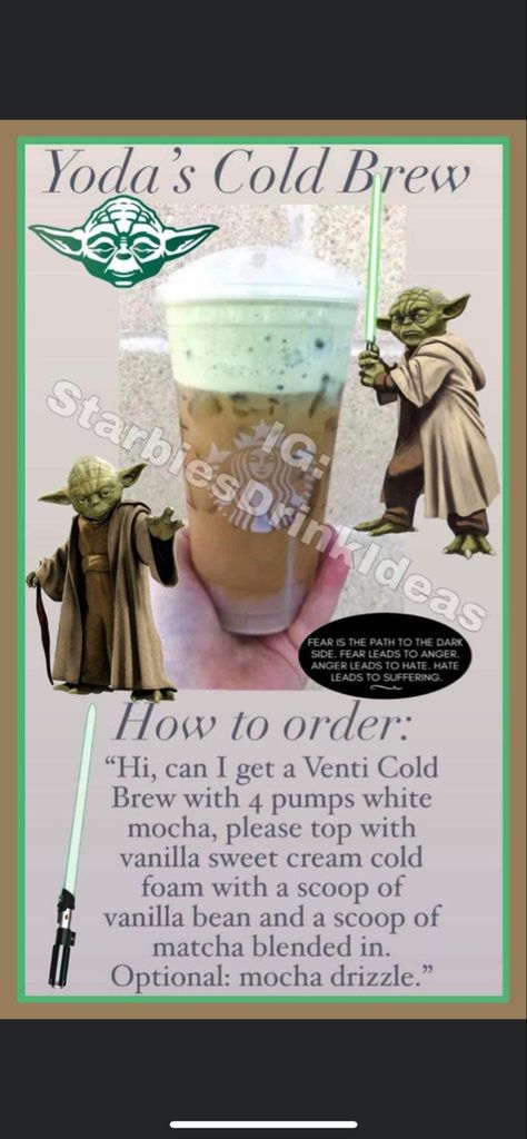 Star Wars Starbucks Drinks, Yoda Starbucks Drink, Character Inspired Starbucks Drinks, Starbucks Drinks Venti, Yoda Drink, Disney Starbucks Drinks, Special Starbucks Drinks, Pokemon Starbucks Drink, Frappuccino Recipes