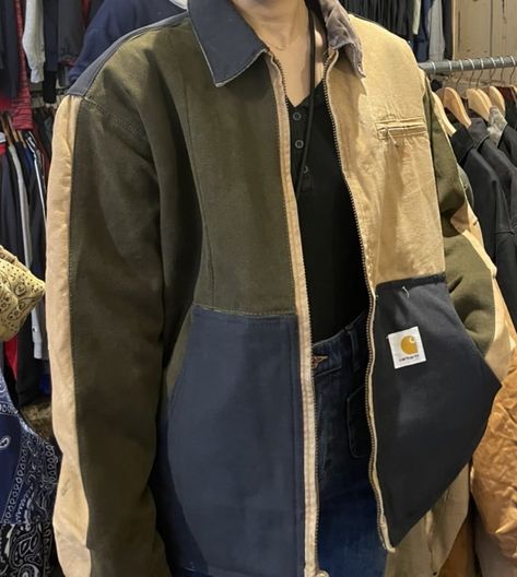 #thrifted #carhartt #vintage #jacket #fashion #fallfashion #autumn Patchwork Carhartt Jacket, Carhartt Patchwork Jacket, Patchwork Carhartt, Thrifted Carhartt, Carhartt Jacket Outfit, Reworked Jacket, Thrift Board, Vintage Carhartt Jacket, Sixth Form