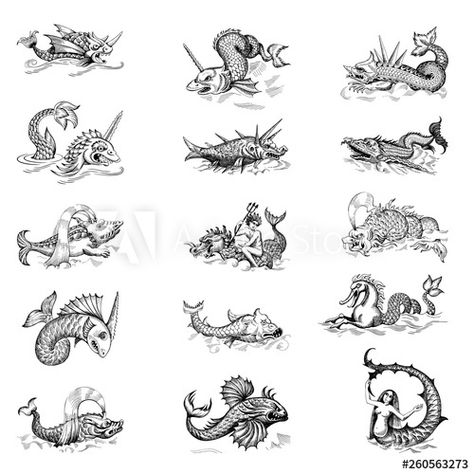 Mythological vintage sea monster. Fragment design of old pirate or fantasy geographical map - Buy this stock vector and explore similar vectors at Adobe Stock | Adobe Stock Pirate Map Tattoo, Fantasy Map Drawing, Map Drawing Ideas, Fantasy Map Drawing Ideas, Sea Monsters Drawing, Old Pirate, Sea Monster Art, Sea Creatures Drawing, Monster Tattoo