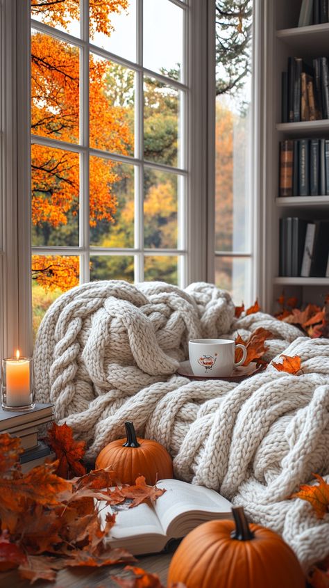 🍁✨ Embrace the cozy vibes of fall! Picture yourself wrapped in a giant white knit blanket, surrounded by charming autumn decorations like pumpkins and golden leaves. 📚☕️ A delightful cup of hot cocoa and a flickering candle invite you to unwind by the window, where the beauty of nature unfolds in vibrant colors. 🌿🍂 Let the warm tones and soft lighting create the perfect atmosphere for a peacefu... White Knit Blanket, Cozy Fall Bedroom, Rainy Day Aesthetic, Cozy Fall Decor, Fall Bedroom, Autumn Scenes, Knit Blanket, Fall Halloween Decor, Couture Details