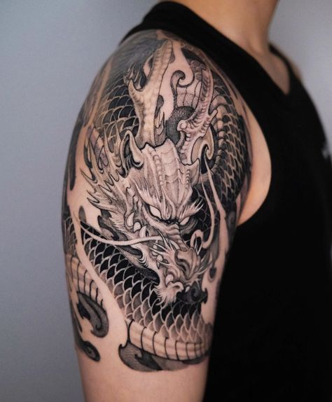 Upper Arm Tattoo Men Japanese, Japanese Upper Arm Tattoo, Dragon Shoulder Tattoo For Men, Japanese Chest Tattoo Design, Shoulder Dragon Tattoo, Dragon Tattoo Upper Arm, Dragon Tattoo Wrapped Around Arm, Dragon Chest Tattoo, Dragon Arm Tattoo