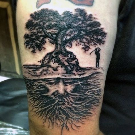 Mens Arms Golfing Under Tree With Wise Man Roots Tattoo Golf Tattoo, Tree Roots Tattoo, Tree Tattoo Arm, Roots Tattoo, Inner Forearm Tattoo, Cool Tree Houses, Tree Of Life Tattoo, Face Mug, Unique Trees