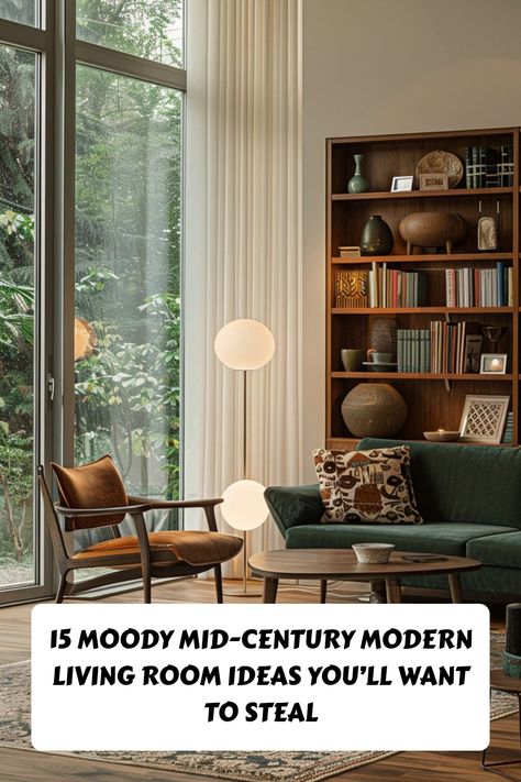 Transform your space with these 15 stunning moody mid-century modern living room ideas! From dramatic color palettes to iconic furniture and cozy lighting, discover how to create a sophisticated and stylish vibe in your home. Perfect for design lovers! ✨🛋️ #MidCenturyModern #InteriorDesign #MoodySpaces Moody Mid Century Modern, Mid Century Modern Living Room Ideas, Vintage Modern Living Room, Mid Century Modern Color Palette, Modern Interior Design Living Room, Modern Living Room Lighting, Color Palette Living Room, Cozy Lighting, Mid Century Modern Interior Design