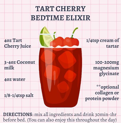 Sleepy Time Cocktail, Bedtime Adrenal Cocktail, Sleep Mocktail Recipe, Morning Cortisol Drink, Night Time Mocktail For Sleep, Mocktails Health Benefits, Benefits Of Tart Cherry Juice, Night Time Drinks For Sleep, Natural Ozempic Cortisol Cocktail