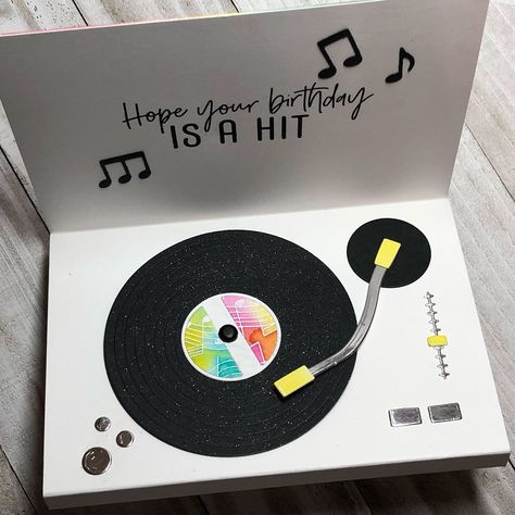 Music Pop Up Card, Record Birthday Cards, Birthday Card Ideas Music, Music Birthday Card Ideas, Music Theme Cards, Record Cards Ideas, Music Themed Birthday Cards, Music Cards Ideas, Raspberry Mustard