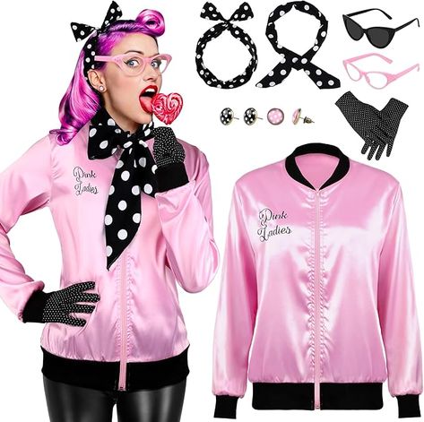 Amazon.com: AOTHSO 1950s Pink Satin Jacket with Polka Dot Scarf Headband Earrings Glasses Halloween Cosplay Costume for Women, 8 Pieces : Clothing, Shoes & Jewelry 1950s Party Outfit, Pink Lady Costume, Grease Outfits, 50s Outfit, Pink Ladies Jacket, 50s Costume, Ladies Fancy Dress, Pink Costume, Costume For Women