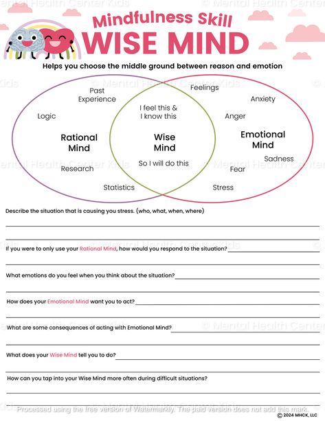 Wise Mind DBT Worksheets – Mental Health Center Kids Self Motivation Worksheets, Mental Wellness Worksheet, Dbt For Elementary School, Wise Mind Dbt Worksheet, Mindfulness Worksheets For Adults, Dbt Worksheet Activities, Dbt Skills Worksheets Free Printable, Social Work Worksheets, Wise Mind Dbt