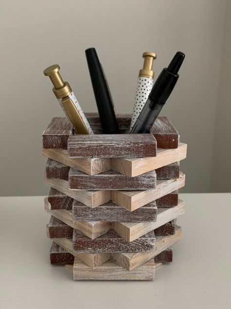 I made this pencil holder from Dollar Tree tumbling blocks Dollar Tree Pencil Holder Diy, Dollar Tree Tumbling Tower Block Crafts, Jenga Block Crafts Diy Dollar Tree Candle Holders, Diy Wood Pencil Holder, Wooden Blocks Decor, Wood Blocks Crafts, Tumbling Blocks Crafts, Dollar Tree Tumbling Tower Crafts, Wooden Pencil Holder