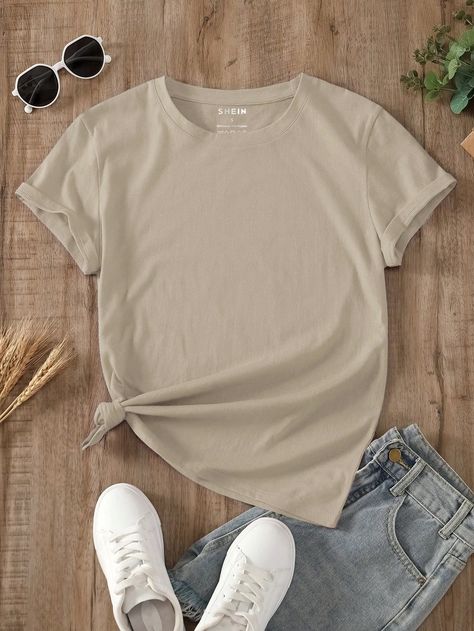 Khaki Casual Collar Short Sleeve Fabric Plain  Embellished Slight Stretch  Women Clothing Brown Tshirt Outfit, Plain Tee Shirts, Tee Shirt Outfit, Beige T Shirts, Cream Shirt, Beige Outfit, Latest T Shirt, Round Neck Tees, Coffee Shirts