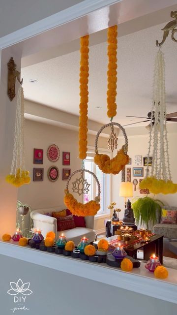 Ring Hanging Decor, Diwali Decorations Staircase, Diy Diwali Backdrop Ideas, Diwali Table Decor Ideas, Festive Table Decor, Diwali House Decor, Diwali Decoration With Flowers, Modern Diwali Decor, Easy Diwali Decor