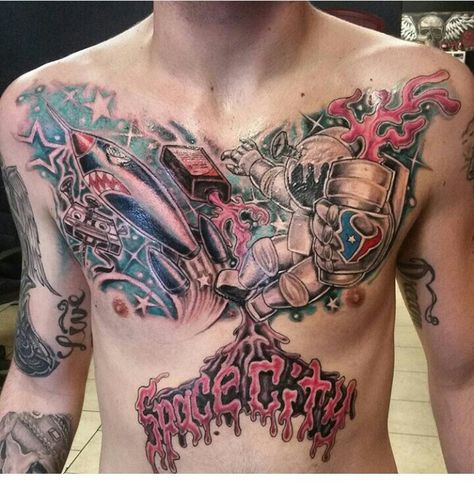 Houston inspired chest piece!!!! Houston Theme Tattoo, Houston Texas Tattoos Designs, Houston Tattoos Sleeve, Houston Texas Tattoos, Skeletons Tattoo, Family Sleeve Tattoo, Town Tattoo, Ink Master Tattoos, Houston Tattoos