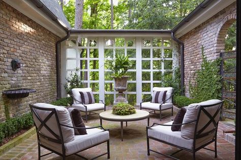 Classically neutral | desiretoinspire.net | Bloglovin’ Backyard Envy, Patio Plans, Brick Patio, Courtyard Design, Enclosed Patio, Brick Walls, Patio Interior, Brick Patios, Outside Living