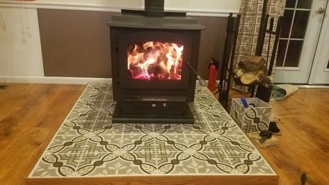 Wood Stove Hearth Pad Ideas, Diy Wood Stove Hearth Pad, Tile Under Wood Stove, Diy Hearth For Wood Stove, Diy Hearth Pad, Wood Stove Hearth Pads, Outside Wood Stove, Pellet Stove Hearth, Stove Hearth