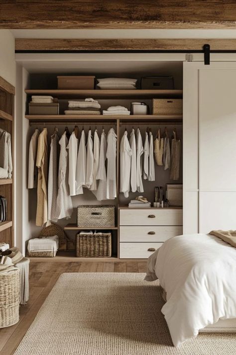 Style an open closet concept that’s both functional and aesthetically pleasing for your bedroom. #OpenCloset #BedroomDesign #ModernStorage Bedroom Wardrobe Aesthetic, Organization Aesthetic Closet, Walk In Closet Small Space, Small Room With Walk In Closet, Garderobe Room, Bedroom Open Closet, Walk In Closet Storage Ideas, Minimalist Bedroom Closet, Bedroom With No Closet