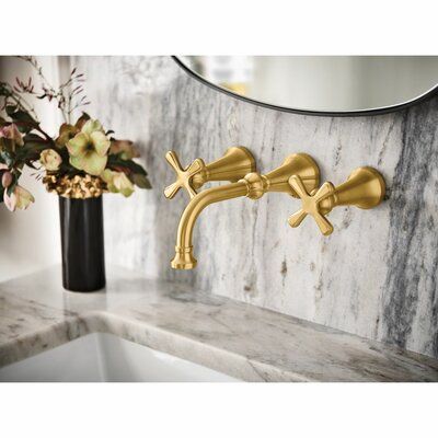 This is a highly distinctive suite that perfectly complements any bath by providing a wide décor style reach depending on its finish. With different finishes, this faucet is tailored to traditional, it’s the epitome of glamour or it defines industrial chic. Its name is inspired by “colonnette,” which is a small, slender column in architectural design. Finish: Brushed Gold | Moen Colinet Wall Mounted Bathroom Faucet in Yellow, Size 4.25 H x 9.125 D in | Wayfair Bathroom Faucets Wall Mount, Moen Colinet, Wall Mounted Bathroom Faucet, Wall Mount Bathroom Faucet, Touchless Faucet, Wall Mount Faucet Bathroom, Vessel Faucets, Waterfall Faucet, Widespread Bathroom Faucet