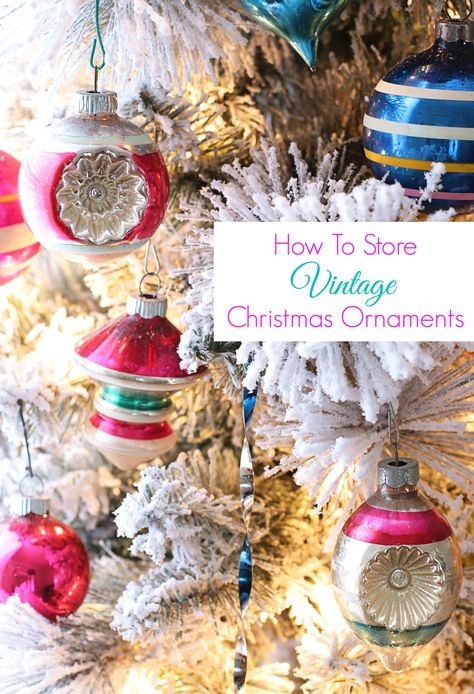 Learn how to store your Shiny Brite ornaments and other vintage Christmas ornaments so they will last for generations to come. Shiny Bright Christmas Ornaments, How To Store Christmas Ornaments, Vintage Ornament Display, Shiny Brite Christmas Tree, Vintage Christmas Balls, Ornament Storage Box, Thrift Store Decor, Old World Christmas Ornaments, Flea Market Decorating