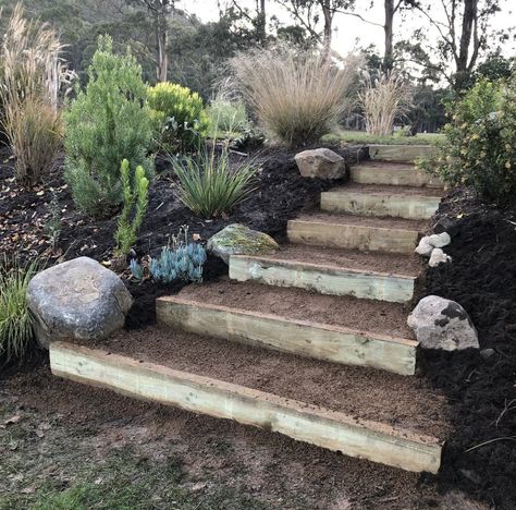 Moss Rock Landscaping, Railroad Tie Stairs, Downhill Walkway Outdoor Steps, Slope Backyard Landscaping Ideas, Outdoor Steps Ideas, Railroad Ties Landscaping, Railroad Tie, Sloped Backyard Landscaping, Landscape Stairs