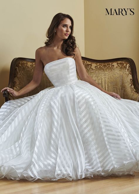 Romantic striped organza wedding dress with a strapless natural waist bodice and fully circular skirt. The gown finishes with a lace-up back closure and a chapel length train. Strapless Ball Gown Wedding Dress, Beetlejuice Wedding, Strapless Ball Gown, Circular Skirt, Mary's Bridal, Organza Wedding Dress, Bridal Skirts, Organza Wedding, Bridal Ball Gown