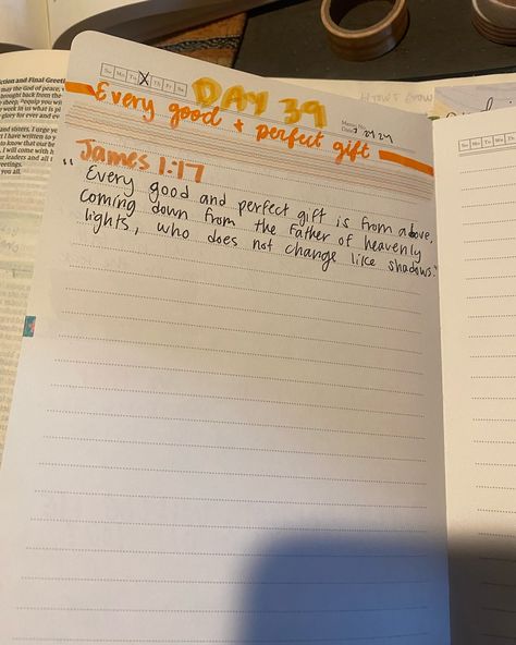 Daily devo! 🧡🍯🌟 (with my journaling process) Day 39 of @ashleyhetherington book the joy of the in-between - every good and perfect gift James 1:17 🕊️ 🌟 the lord tells us to ask Him for what we need and trust that He will provide good gifts - we don’t know how He will answer our prayers 🌟 our father delights in bringing us good gifts 🧡 every good gift is from above! ⬇️ what gift can you ask God for today? ⬇️ #christian #contentcreator #dailydevo #devotional #goodgifts #james1 #boo... What Is Pi, Every Good And Perfect Gift, James 1 17, Book Of James, Grace Christian, Ask God, The In Between, Good Gifts, James 1