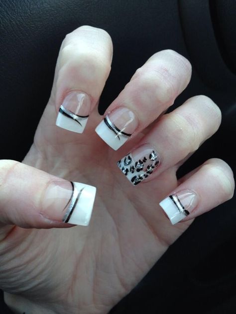 White French tips with silver leopard print and black stripes White French Tips Nails, Nails Matte White, Trendy Nails Matte, French Tips Nails, White French Tips, Nails Matte, Gold Glitter Nails, Moon Nails, White French Tip