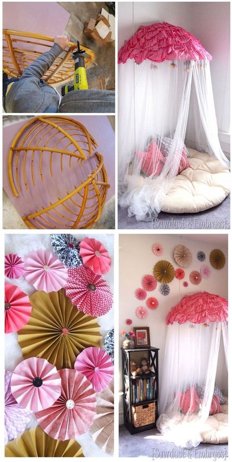 What little girl, or big for that matter, wouldn't love this as a gift?  Papasan Chair into Reading Nook / Canopy! #diy #tutorials #nook Chair Canopy, Canopy Diy, Canopy Ideas, Indian Room Decor, Backyard Canopy, Wedding Canopy, Chair Frame, Diy Canopy, Papasan Chair