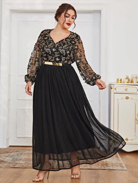 Plus V-neck Floral Embroidery Belted Dress for Sale Australia| New Collection Online| SHEIN Australia Plus Size Fancy Dresses, Elegant Dresses Plus Size, Tail Dress, Eva Dress, Middle Age Fashion, Vestido Plus Size, Muslim Dress, Bridesmaid Dresses Plus Size, فستان سهرة