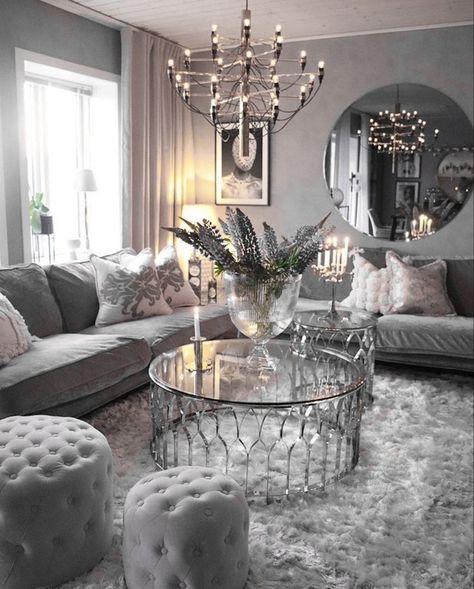 Sofa Arrangement, Silver Living Room, Glam Living Room Decor, Luxury Living Room Decor, Elegant Living Room Decor, Room Decor Living Room, Living Room Decor Gray, Glam Living Room, Living Room Decor Cozy