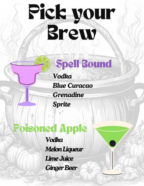 Level up your Halloween Witch inspired bar with this fun drink menu! 8.5 x11 poster, perfect to frame and showcase at your next costume party! Halloween Drink Menu Ideas, Spooky Adult Drinks, Halloween Drink Recipes Alcoholic, Halloween Drink Ideas Alcohol, Witch Themed Party, Halloween Themed Drinks, Cranberry Mimosa, Spooky Dinner, Halloween Party Drinks