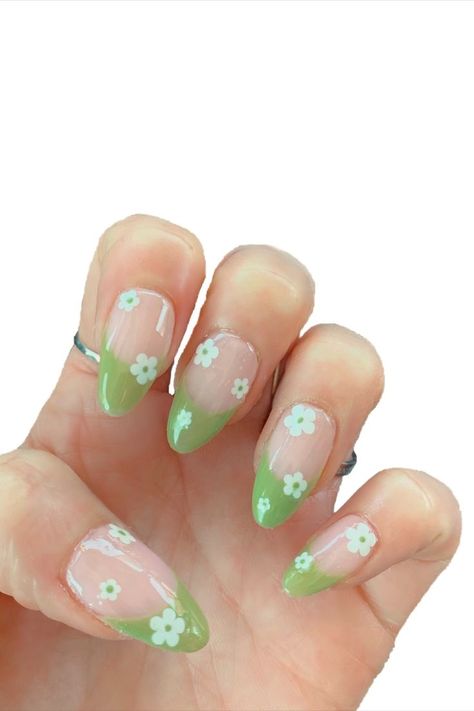 Shifting Nail Ideas, Green Tips With Flowers Nails, Cute Natural Nail Designs Simple, Nature Nails Designs Green, Pastel Green Flower Nails, Green French Tip Design Nails, Green And White French Nails, White Almond Nails With Flowers, Pastel Green Nails With Flowers