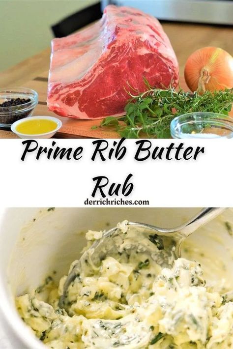 Rosemary-Garlic Prime Rib Rub Prime Rib Garlic Butter Rub, Tasty Prime Rib With Garlic Herb Butter, Compound Butter For Prime Rib, Prime Rib Butter Rub Recipe, Garlic Butter Prime Rib Recipe, Garlic Butter Prime Rib, Prime Rib Rub Recipe, Prime Rib Seasoning, Prime Rib Sauce