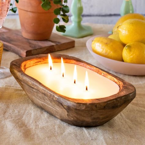 Wood Bowl Candle, Dough Bowl Candles, Large Wood Bowl, Bowl Candles, Bowl Bread, Candle Bowl, Candle Table Centerpieces, Farmhouse Candles, Wooden Dough Bowl