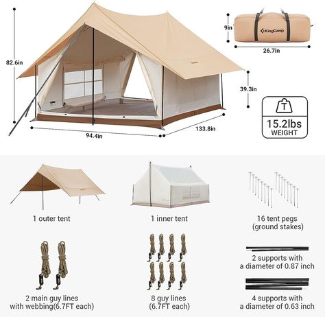 Amazon.com : KingCamp Canvas Cabin Tent with Large Windows, Waterproof & Breathable 4 Season Tents, Easy Setup Glamping Tent with Carry Bag, for Camping, Picnic Khaki : Sports & Outdoors Picnic Tent, 4 Season Tent, Bag For Camping, Glamping Tent, Tent Material, Wall Tent, Inner Tent, Tent Tarp, Cabin Tent