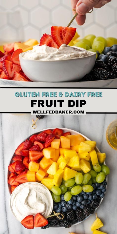 Easy Gluten Free Dairy Free Fruit Dip Christmas Fruit Dip Holidays, Dairy Free Fruit Dip Recipes, Allergy Free Party Food, Gluten Free Dairy Free Chip Dip, Vegan Fruit Dip Dairy Free, Gluten Free Dairy Free Fruit Dip, Dairy Free Cream Cheese Dip, Dairy Free Potluck Ideas, Appetizers For Party Dairy Free