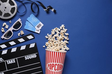 Flat lay composition with clapperboard, cinema tickets and 3d glasses on blue background, space for text Background Space, Film Background, Cinema Ticket, 3d Glasses, One More Day, Blue Background, Blue Backgrounds, Flat Lay, Composition