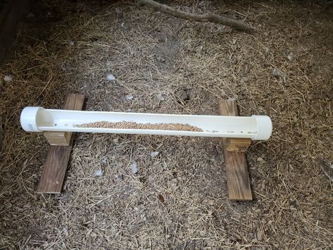 Easy pvc trough style chicken feeder. Goat Feed Trough Diy, Chicken Feeder Trough, Chicken Feed Trough, Chicken Trough Feeder, Chicken Trough, Homemade Chicken Feeder, Farm Life Aesthetic, Pet Chickens Breeds, Pvc Chicken Feeder