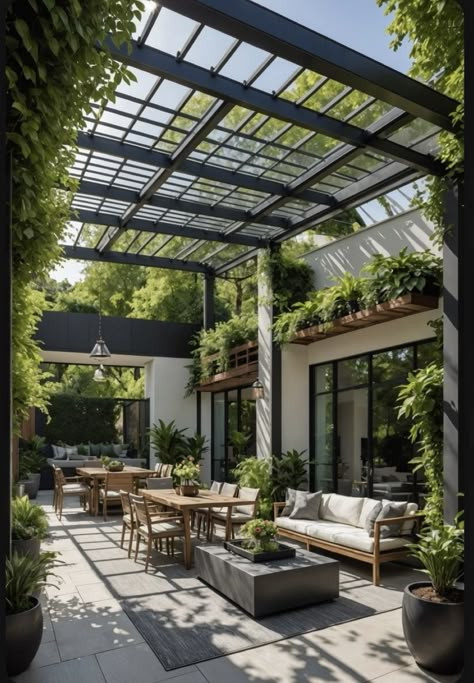 Wooden Pergola With Roof, Pergola With Polycarbonate Roof, Pergola Roof Ideas, Contemporary Pergola, Polycarbonate Roof, Garden Pergola, Courtyard Design, Wooden Pergola, Modern Exterior House Designs