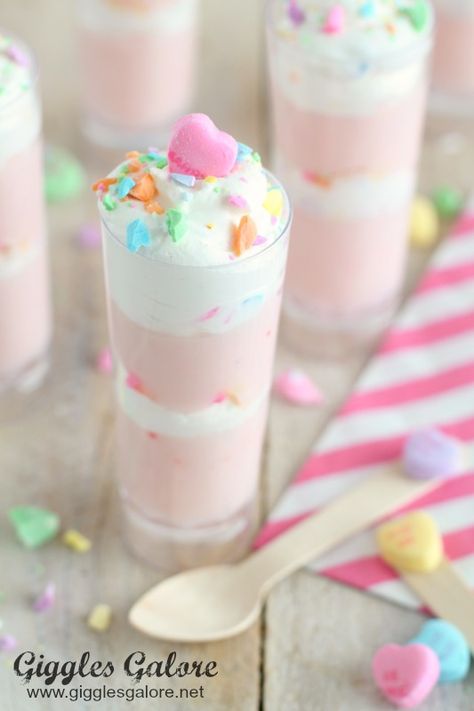 Whip up a few of these Conversation Heart Parfaits for a mini dessert that is worth talking about! #dessert #recipe #valentinesday #holidayfood #treat #parfait #gigglesgalore Heart Desserts, Strawberry Pudding, Conversation Hearts Candy, Valentine Desserts, Conversation Heart, Holiday Eating, Valentines Day Desserts, Valentines Day Food, Conversation Hearts