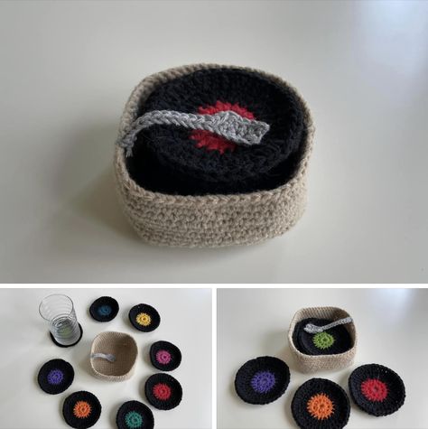 Crochet Guys Gifts, Crochet Husband Gift, Crochet Vinyl Record Coaster, Things To Crochet Boyfriend, Crochet Ideas For Grandparents, Crochet Record Player, Crochet Gifts For Grandfather, Cute Little Crochet Gifts, Crochet Record Coasters