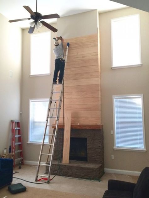 Shiplap 2 Story Fireplace, Diy 2 Story Fireplace, 2 Story Shiplap Fireplace Wall, 2 Story Fireplace Makeover, Tall Fireplace Makeover, 2 Story Fireplace Ideas With Tv, 2 Story Fireplace Wall, Shiplap Wall With Fireplace, Two Story Fireplace Ideas