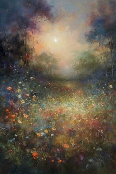 Surreal Nature Art, Nature Background Painting, Spring Night Aesthetic, Impressionist Paintings Landscape, Serene Artwork, Ethereal Landscape, Freetime Activities, Dreamy Flowers, Field Painting