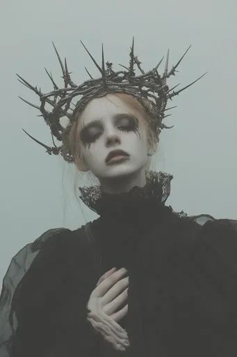 ↑↑↑ Larger size on website 🔸 A woman with pale skin and dark eyeshadow wears a black dress and a crown of thorns. Her eyes are cl Thorn Crown Aesthetic, Valentine's Day Shoot, Woman In Black Dress, Dnd Concept, Sacrificial Lamb, Crown Aesthetic, Dark Eyeshadow, Anti Valentines Day, Woman In Black