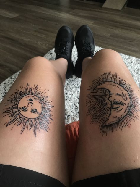 Sun And Moon Leg Tattoos Women, Moon And Sun Tattoo Thigh, Moon And Sun Leg Tattoo, Separate Sun And Moon Tattoos, Two Thigh Tattoos, 2 Piece Tattoo, Sun And Moon Tattoo On Thigh, Sun And Moon Tattoo Above Knee, Sun Moon Leg Tattoo