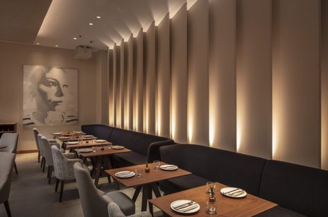 Long Restaurant Design, Restaurants In Dubai, Fabric Wall Panels, Restaurant Design Inspiration, Greek Restaurants, Vip Room, Italian Interior, Booth Seating, Coffee Shops Interior