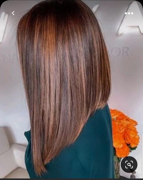 A Line Bob Medium, Long Angled Haircut, Brown Copper Hair Color, Brown Copper Hair, Angled Haircut, Balayage Hair Caramel, Asymmetrical Bob Haircuts, Mom Hair, Angled Bob Hairstyles