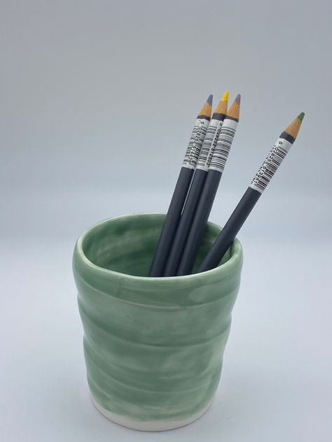 Wheel thrown porcelain cup, altered shape, food safe. Also can act as a pencil holder Green Cups, Porcelain Cup, Pencil Holder, A Pencil, Wheel Thrown, Food Safe, Porcelain, Wheel, Pencil