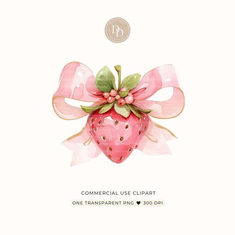 Coquette Clipart, Clipart Strawberry, Strawberry Coquette, Coquette Strawberry, Bow Illustration, Strawberry Clipart, Watercolor Strawberry, Strawberry Png, Strawberry Watercolor