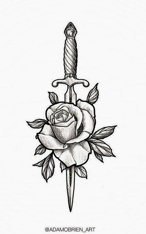 Recreate Drawings, Knife And Rose Tattoo, Rose And Dagger Tattoo, Dagger Drawing, Sewing Tattoos, Rose And Dagger, Rose Drawing Tattoo, Knife Tattoo, Invisible String