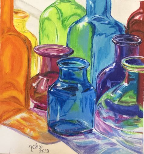 Oil pastel glass bottle light reflection Painting Of Glass Bottles, Oil Pastel Glass Drawing, Glass Reflection Drawing, Glass Containers Art Igcse, Glass Bottle Reference, Light Reflection Drawing, Glass Bottle Illustration, Oil Pastel Object Drawing, Glass Bottle Drawing