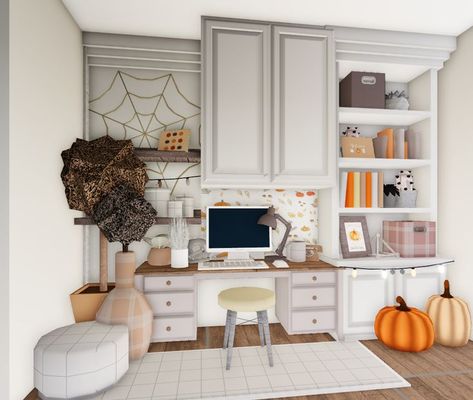 Autumn Bedroom / Bloxburg Build / Cute / Pumpkin / October / Aesthetic / Bedroom / White / Brown / Grey / Orange Build Cute, Bloxburg Layout, Autumn Bedroom, Xmas House, October Aesthetic, Autumn House, Fall Bloxburg, Yellow Desk, Fall House